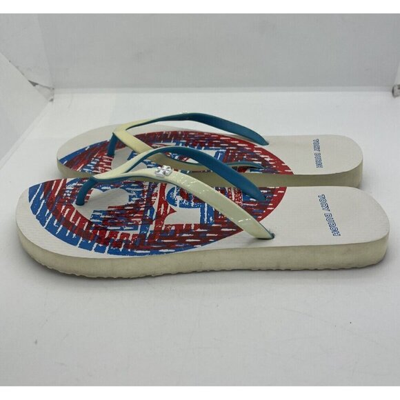 Tory Burch  3D Logo Ivory/Blue/Red Flip Flops Sandals Rubber Size 6 US - Picture 3 of 10